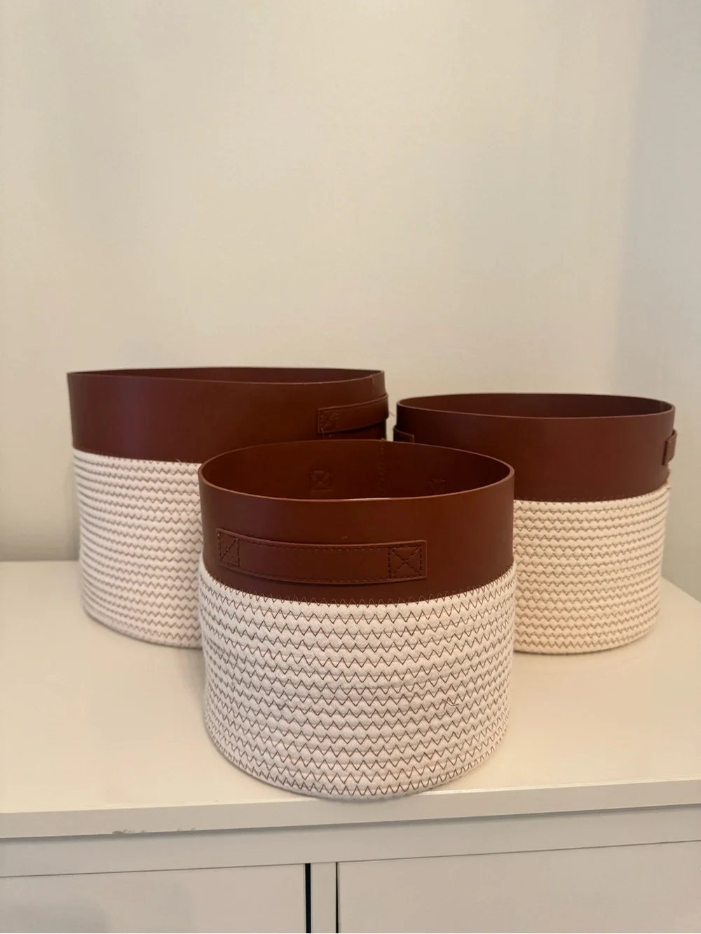 Set of 3 Brown & Cream Woven Rope and Faux Leather Storage Baskets